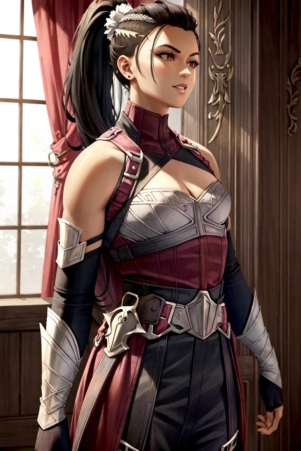 (extremely detailed CG unity 4k wallpaper),(masterpiece),(ultra quality),(ultra-detailed),(best illustration),(best shadow),(absurdres),(detailed background) <lora:OGT_Mileena-v1:1.1>Mileena, human form, human, 1girl, breasts, solo, gloves, black hair, long hair, cleavage, fingerless gloves, bare shoulders, elbow gloves, medium breasts, realistic, indoors, ponytail, front hump ponytail, shaved sides with ponytail, medium breasts, serious