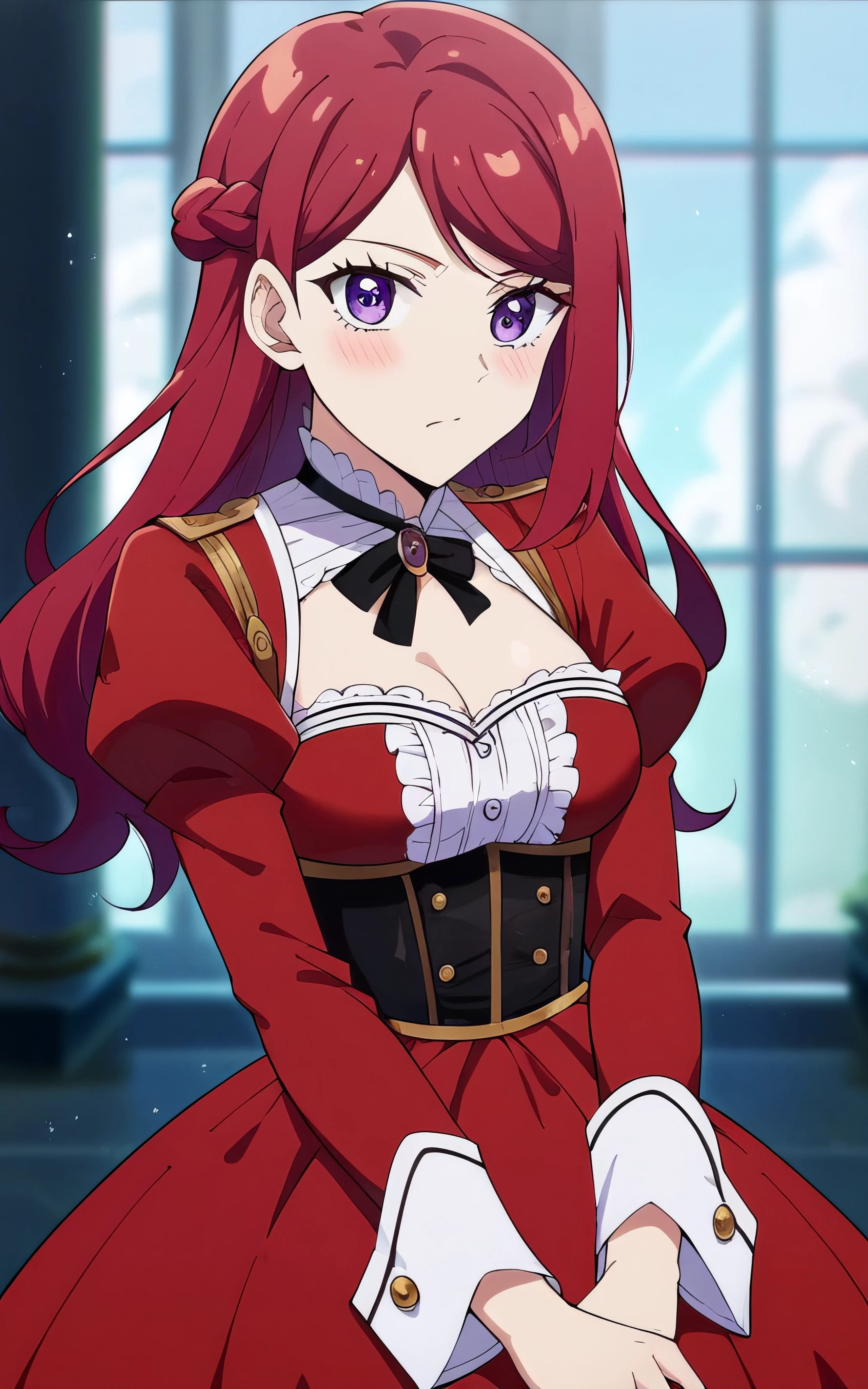 score_9, score_8_up, score_7_up, score_6_up, rating_explicit, anime_source,1girl, girl looking at viewer,(cowboy shot), ( perfect anatomy:1.4), cinematic shadow, cinematic light, cute and sensitive, (soft skin:1.2), dynamic pose, character focus, blush, <lora:add-detail-xl:1> ,medium breasts,  blurry background, <lora:pride_royal_Ä±v:1.2>,(pride royal Ä±v:1.2), red hair, long hair, purple eyes, swept bangs, (red dress ), v arms, long sleeves, corset,