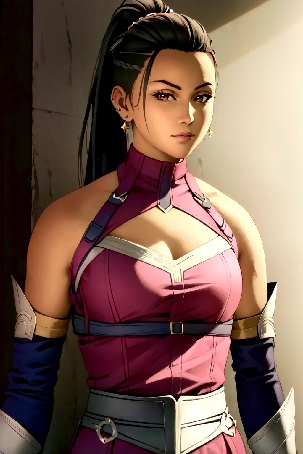 (ultra realistic,32k, masterpiece:1.2),(high detailed skin:1.1),( high quality:1.1), <lora:OGT_Mileena-v1:1> Mileena, Human Form, Human, 1girl, solo, long hair, earrings, black hair, ponytail, front hump ponytail, shaved sides with ponytail, jewelry, lips, closed mouth, serious, focused, realistic, brown eyes, pink outfit, fingerless gloves, bare shoulders, elbow gloves, medium breasts, medium breasts, leggings, upper body, looking at viewer, facing viewer, dark room <lora:add_detail:0.76>, (ambient lighting:1.1), (soft shaded:1.1)