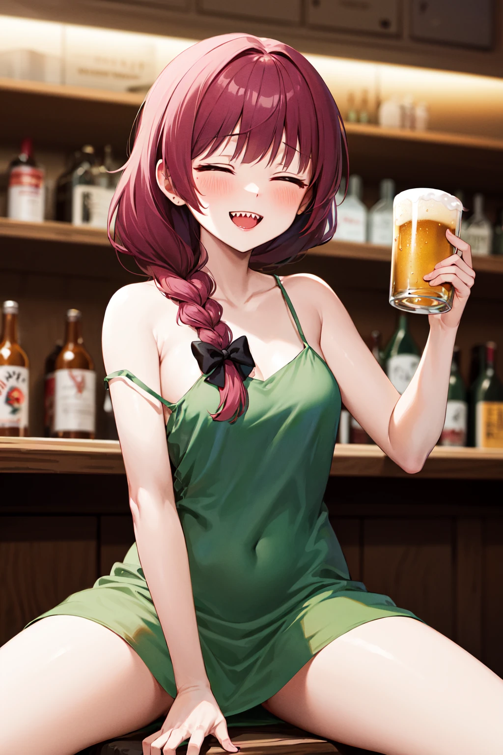 masterpiece, best quality, highres, aakikuri, long hair, single braid, hair bow, hair over shoulder, closed eyes, sharp teeth, medium breasts, green dress, sleeveless, <lora:hiroi_kikuri_v1:0.7>, strap slip, bar, sitting, holding cup, beer, drunk, smile