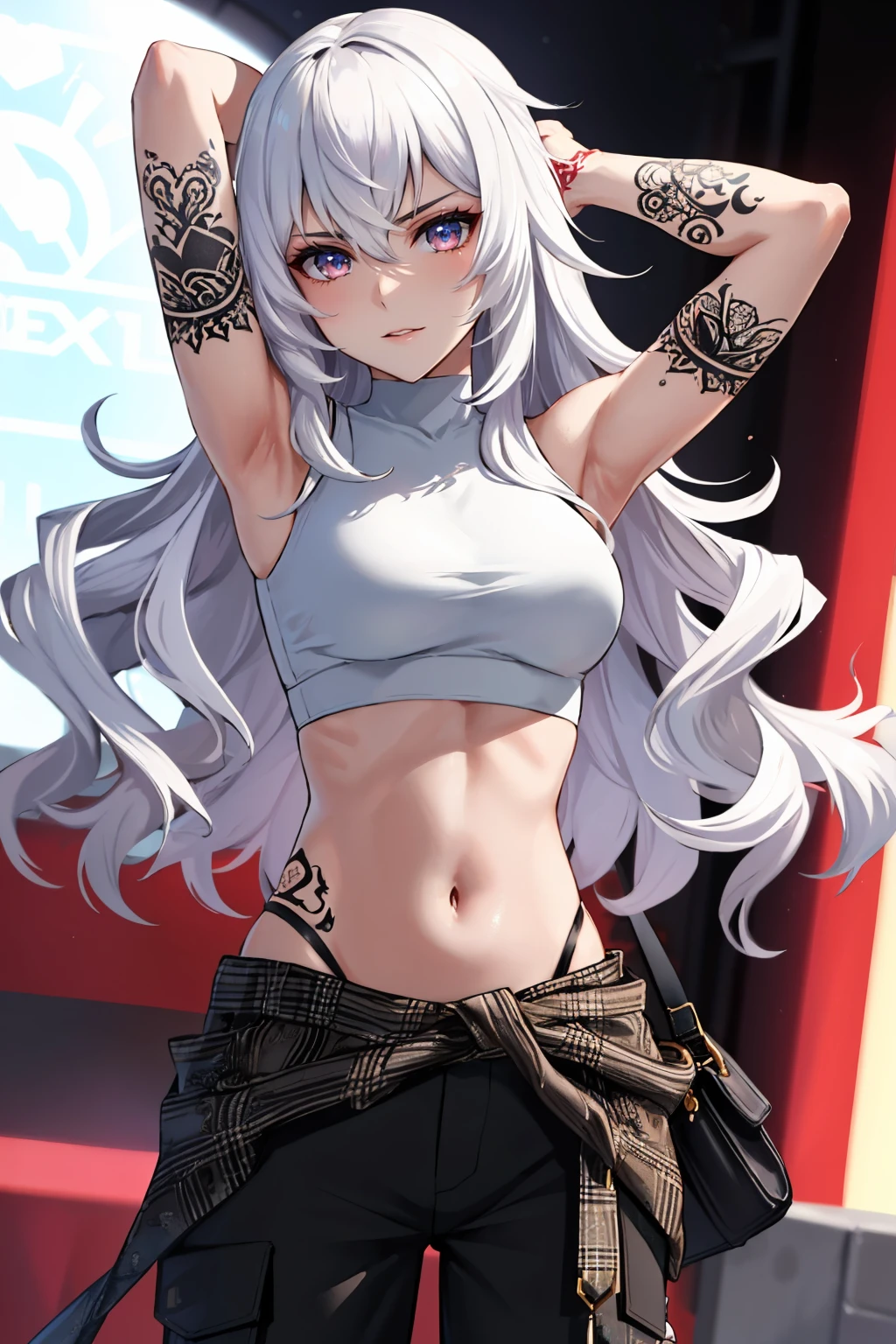 masterpiece, best quality,
<lora:zs_Guernica:1> guernicap5t, long hair, white hair, arm tattoo, tattoo, crop top, midriff, clothes around waist, pants