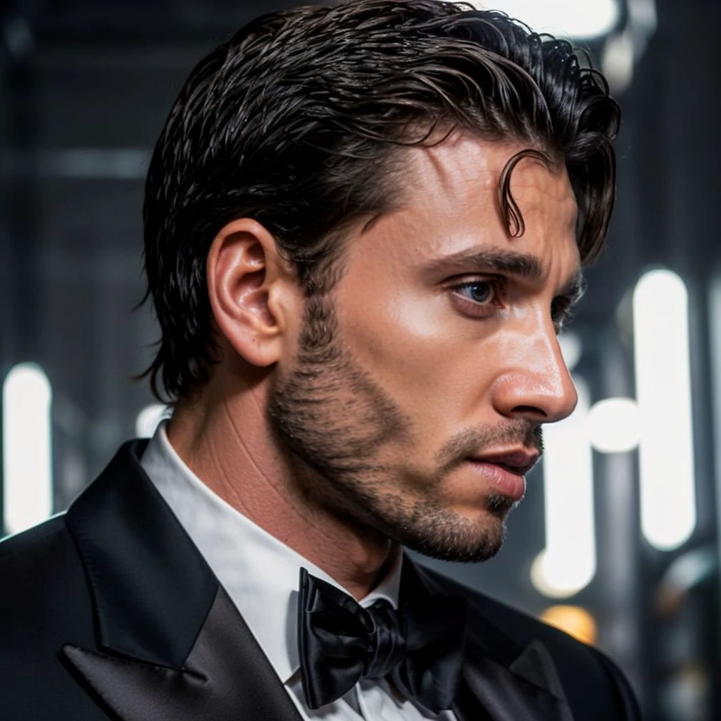 face portrait of davidezongoli person using a tuxedo, in blade runner, professional photography, high resolution, 4k, detailed photo,   <lora:davidezongoli_44550:1>