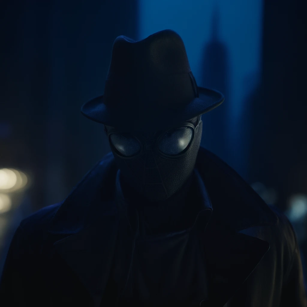 cinematic film still of  <lora:Spider-Man Noir:1>
Spider-Man Noir at blue night in dark city streets, shallow depth of field, vignette, highly detailed, high budget, bokeh, cinemascope, moody, epic, gorgeous, film grain, grainy