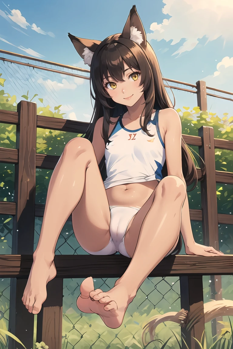 masterpiece,best quality,(sitting on the fence),yellow eyes,smiles,(bare feet:1.1, tanned skin:1.1),legs spread,1girl,athletic body,intricate,hdr,((cameltoe)),small fox ears,brown long hair,<lora:GoodHands-beta2:0.8>,