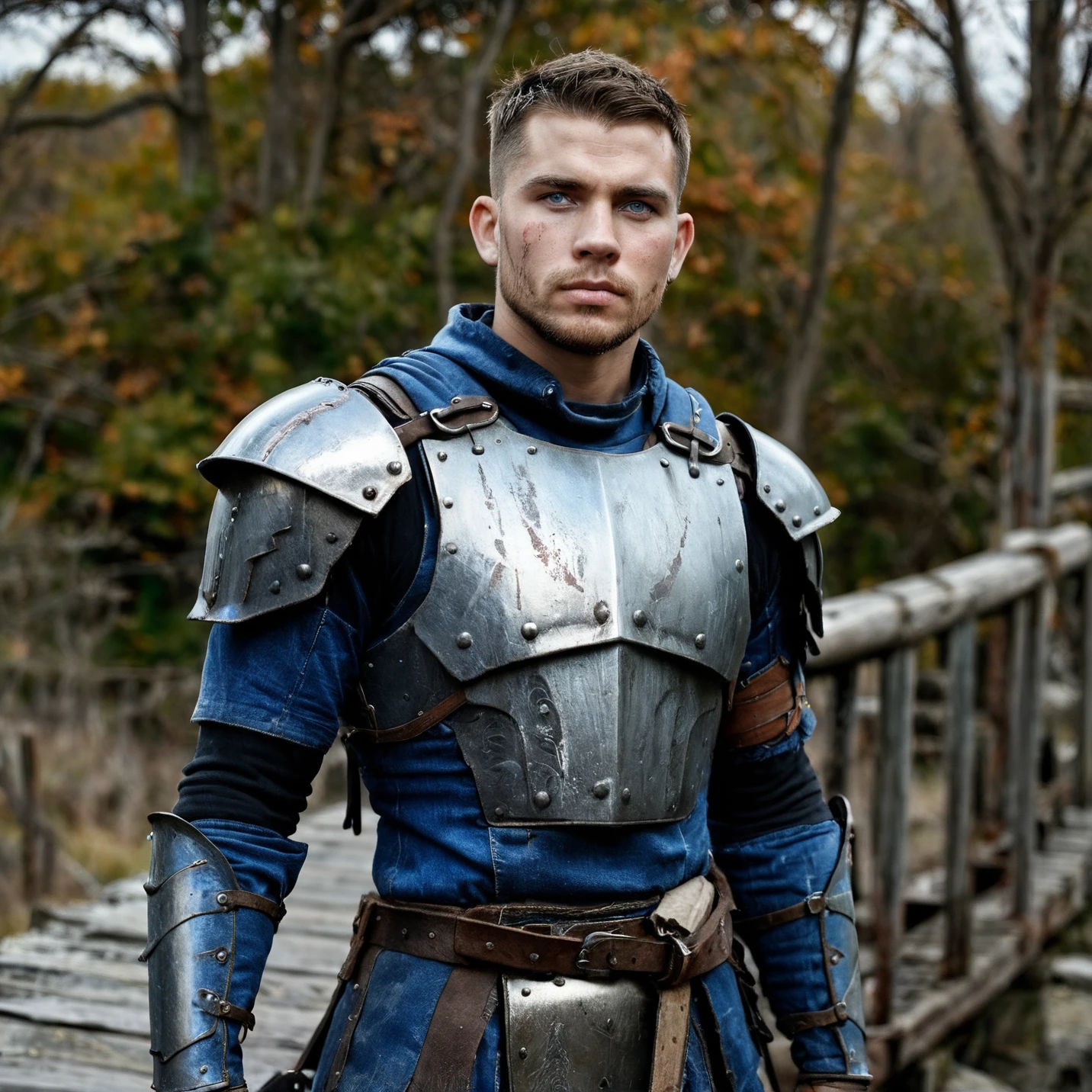 RAW photo, hero portrait of a ((male)) 30 year old warrior wearing a metal armor, he stands on an old wooden bridge, full sharp, detailed face, blue eyes, (high detailed skin:1.2), 8k uhd, dslr, soft lighting, high quality, film grain, Fujifilm XT3
<lora:polyhedron_old_wood-000005:0.9>
pale skin, skin pores, oiled shiny skin, skin blemish, imperfect skin, intricate skin details, visible skin detail, detailed skin texture, blush, wrinkles, vitiligo spots, moles, whiteheads, blackhead, white pimples, red pimples, beauty spot, skin fuzz, [[[[[freckles]]]]] (perfect eyes)