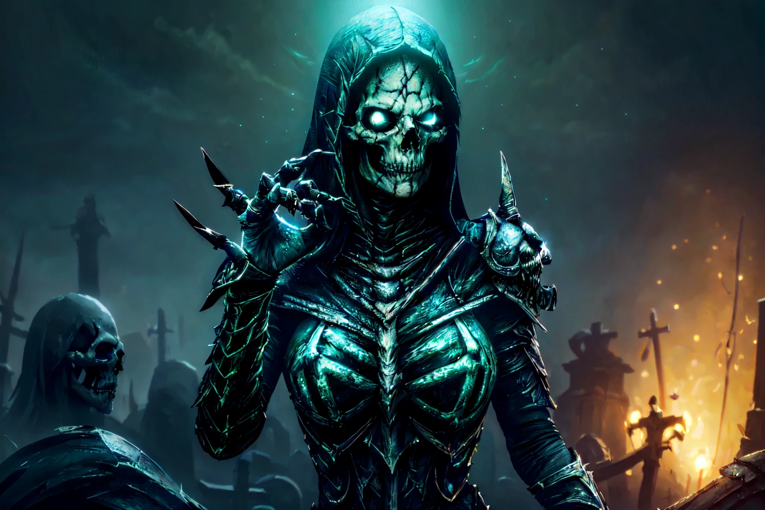 beautiful eyes, beautiful girl, high detail skin, high detail eyes, high detail hair, highres, ultra detailed, sharpen picture, Highly detailed, masterpiece, best quality, photorealistic,
<lora:NecromancerLoRA:1> necromancer, skull MASK, GREEN BLUE MAGIC CAST WITH HANDS, undead zombies, armor in a graveyard, at night