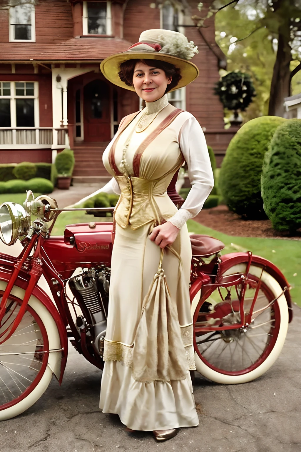 Photo of a woman wearing 1910_dr3ss, dress, hat, posing in front of a 1914indian motorcycle.
there is a tudor revival mansion in the background. <lora:1914_Indian_with_Sidecar:.8> <lora:1910_dress_v1:.8>