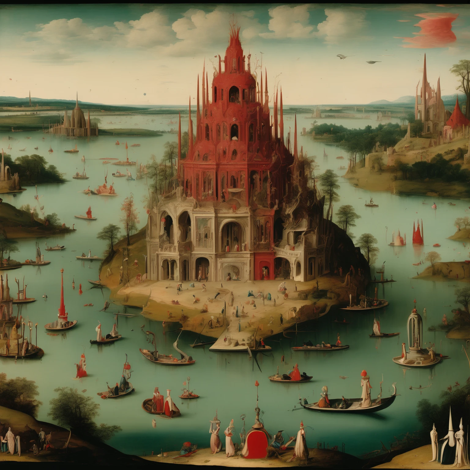 a surreal landscape with a central floating island adorned with various ornate structures, including a tall spire with a red pinnacle. There are human figures interacting with the environment, some on boats and others swimming. The foreground features a body of water with more human figures, some playing and others in a state of relaxation, bosch