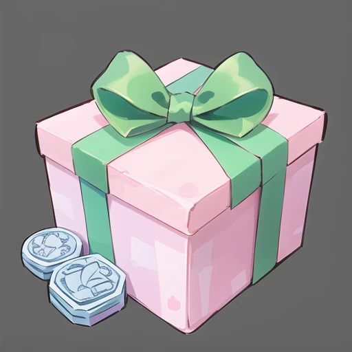 <lora:gmic ico_2d1.2-000012:0.5>,game icon institute_\(icon\), a pink gift box with a green bow and a pair of blue rubber stamps around it and a green ribbon, black background, bow, box, brown background, gradient, gradient background, grey background, shiny, simple background, solo, sparkle
