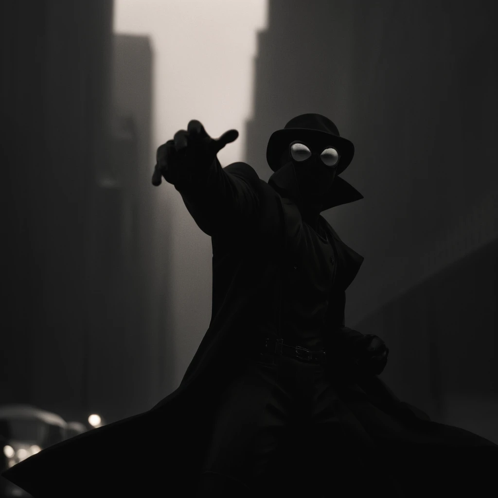 cinematic film still of  <lora:Spider-Man Noir:1>
Spider-Man Noir a cartoon spider man in a black suit in Marvel Noir universe,solo,1boy,male focus,bodysuit,mask,outstretched arms,spread arms,white eyes,superhero , dark theme, cinematic noir, dramatic Light, shallow depth of field, vignette, highly detailed, high budget, bokeh, cinemascope, moody, epic, gorgeous, film grain, grainy