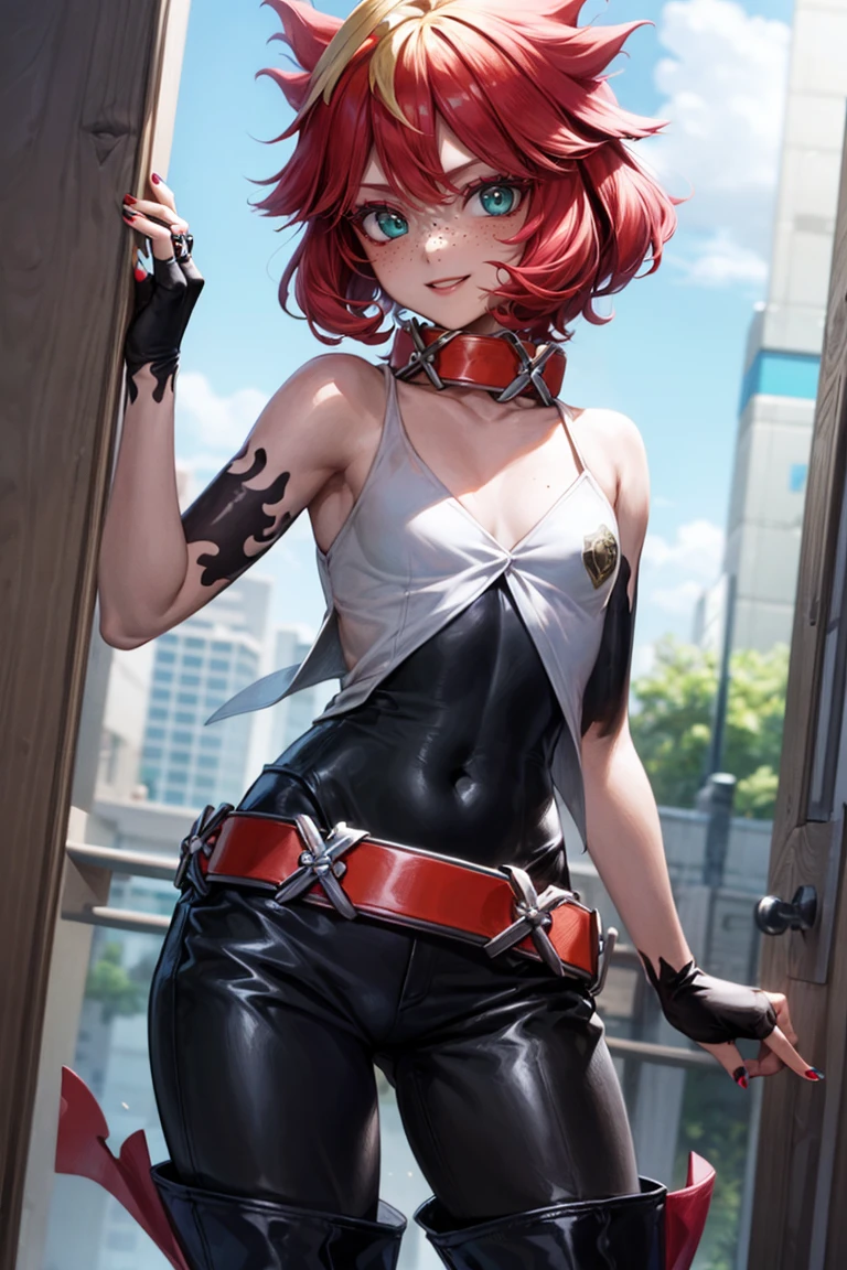 <lora:more_details:0.5>, ((masterpiece,best quality)), absurdres, <lora:Mela_Pokemon_v2:0.8>, mela (pokemon),  black fingerless gloves, freckles, bare shoulders, makeup, collar, ahoge, belt, black bodysuit, lipstick, thigh boots, collarbone, nail polish, short hair,  solo, smile, looking at viewer, cowboy shot,