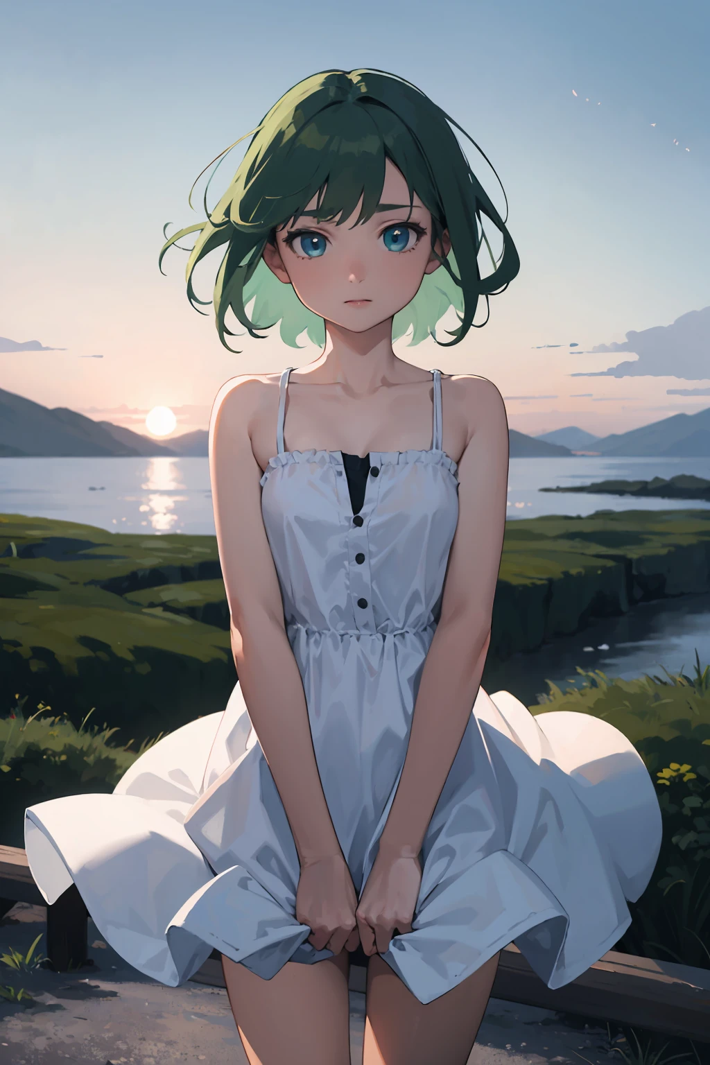 masterpiece,high quality,highres,1girl,solo,outdoors,<lora:wind-headwind-v1-wasabiya:1>, headwind,,,,(blue eyes , green hair ),short hair ,sunset,sundress,loose clothes,