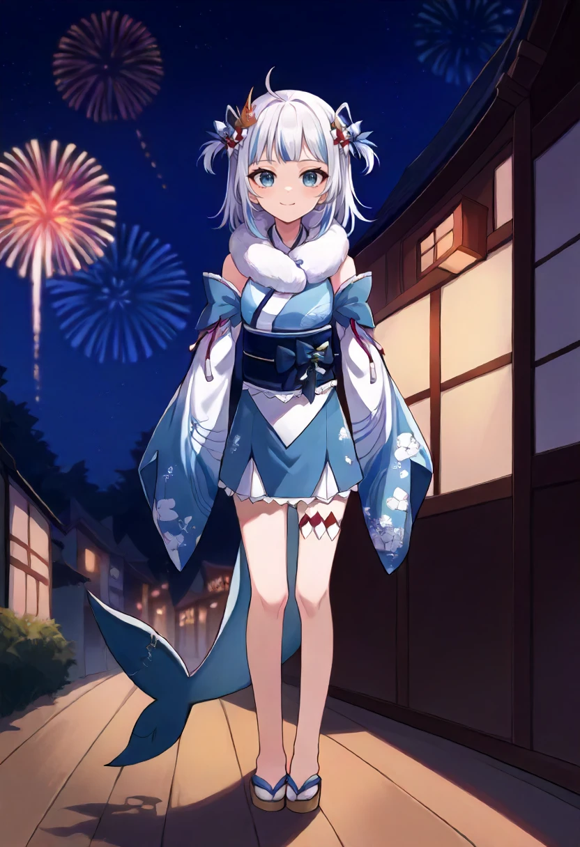 score_9, score_6_up, source_anime, 1girl, solo, full body, town, night, fireworks, gura_newyears, blue kimono, sash, detached sleeves, fur collar, two side up, hair ornament, ahoge, shark tail, light smile, tall, adult<lora:gawr_gura_sdxl_pony:1>