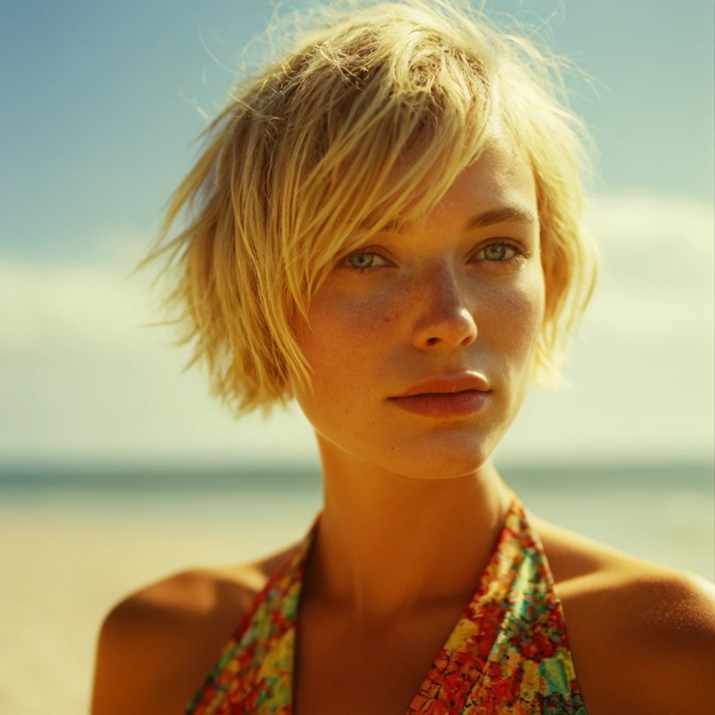 analog film photo, photo of a beautiful woman, (wearing a colorful bikini:1.1), short blonde hair, flashing, female model, fashion show, catwalk, small breasts, sunny beach , RAW Photograph, dslr, soft lighting, high quality, film grain, Fujifilm XT3 detailed skin with visible pores, insane details, masterpiece, 8k, 35mm photograph, dslr, kodachrome, faded film, desaturated, 35mm photo, grainy, vintage, Kodachrome, Lomography, stained, highly detailed, found footage