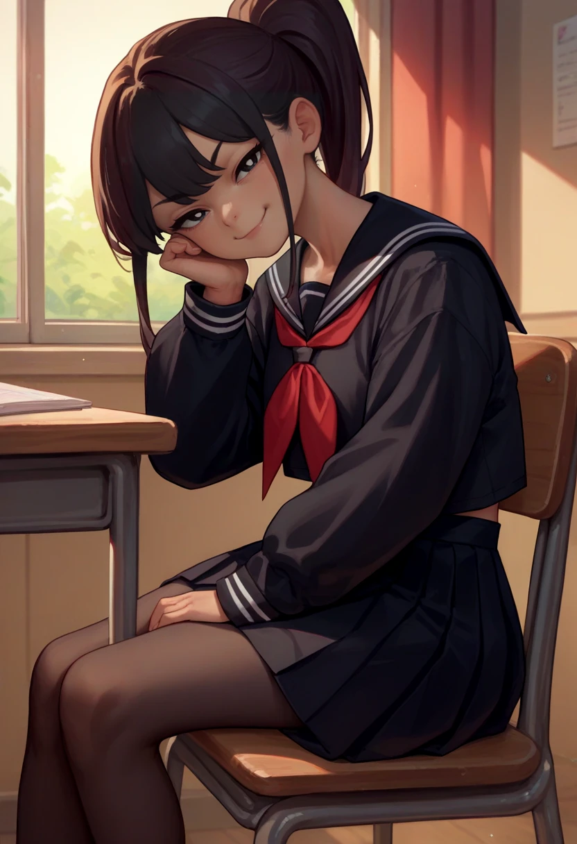 score_9, score_8_up, score_7_up, source_anime, solo, 1girl, mcdgirlfriend, smug, looking at viewer, sitting, chair, ponytail, black serafuku, black sailor collar, red neckerchief, long sleeves, black skirt, black pantyhose, indoors, classroom <lora:yorumac_girlfriend_ponyXL:1>