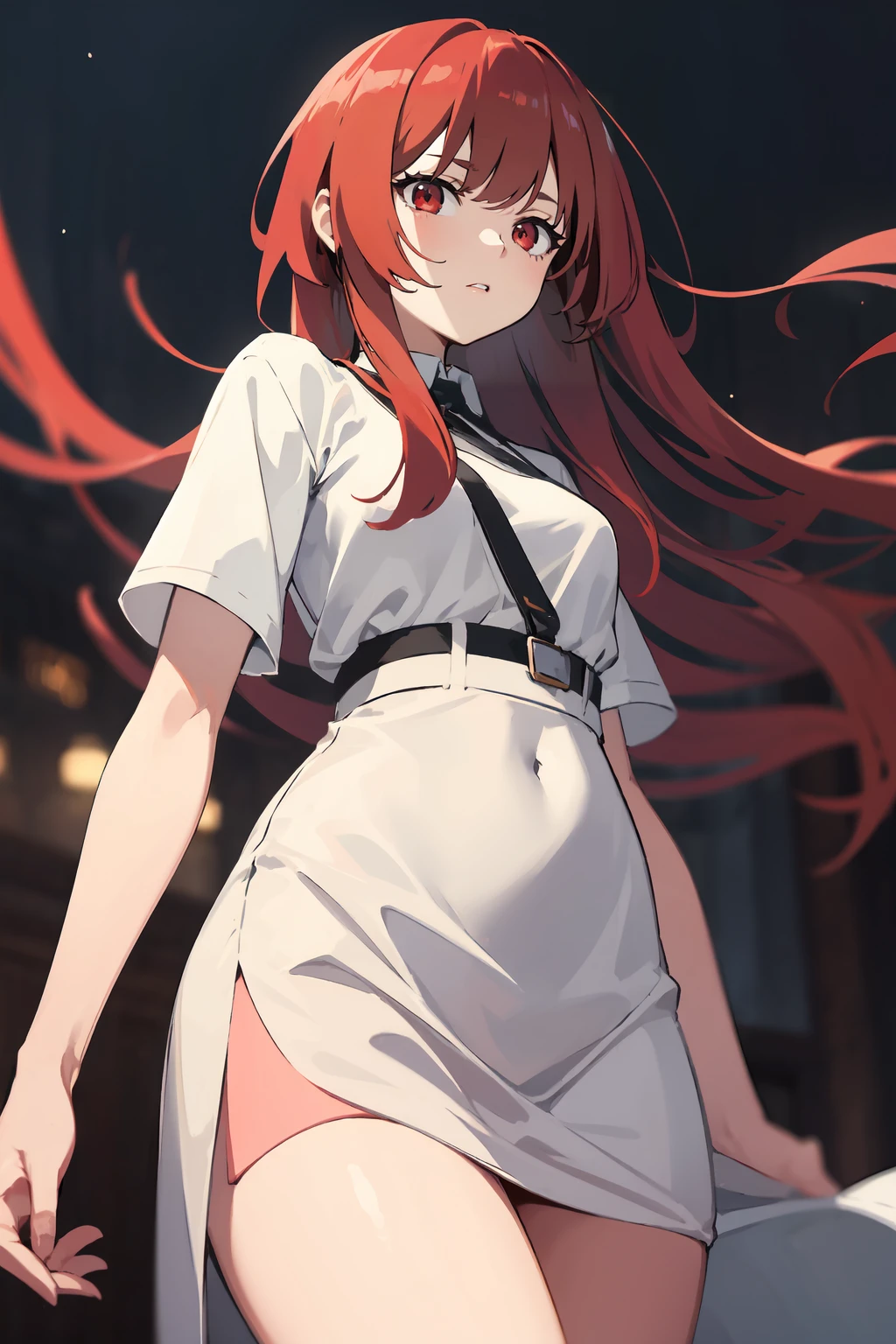 masterpiece,high quality,highres,1girl,solo,cowboy shot,sidewind,(red eyes , red hair ),medium hair ,from below ,dark background,blurry background ,<lora:wind-rightside-v1-wasabiya:1>,,