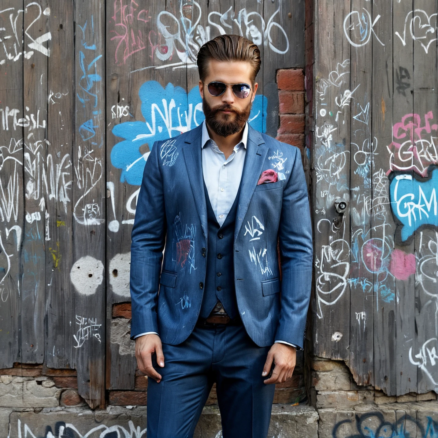 RAW photo, full body portrait of a beautiful man with a beard in a grey suite, he stands in new york at an old wooden wall with graffiti, full sharp, detailed face, blue eyes, (high detailed skin:1.2), 8k uhd, dslr, soft lighting, high quality, film grain, Fujifilm XT3 <lora:polyhedron_old_wood-000005:0.8>
dappled light on face, pale skin, skin pores, oiled shiny skin, skin blemish, imperfect skin, intricate skin details, visible skin detail, detailed skin texture, blush, wrinkles, vitiligo spots, moles, whiteheads, blackhead, white pimples, red pimples, beauty spot, skin fuzz, [[[[[freckles]]]]] (perfect eyes), ((perfect hands with four fingers and one thumb each))