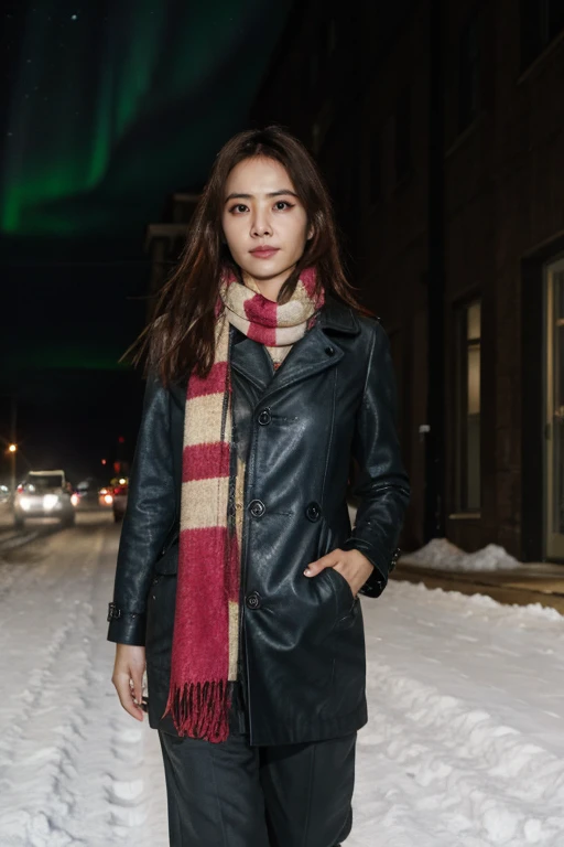 masterpiece, best quality, ultra-detailed, ultra high res, (photorealistic:1.4), raw photo, (realistic:0.2), CG, 8k HDR, cinematic lighting, 1girl, solo, looking at viewer, (a woman with a scarf on is walking down the street ), outdoor, (snow, snowflakes), night, aurora sky, upper body, lower body, asymmetrical hair, (detailed oily skin, medium breasts:0.8), (detailed face), (detailed background :1.1), closed mouth,