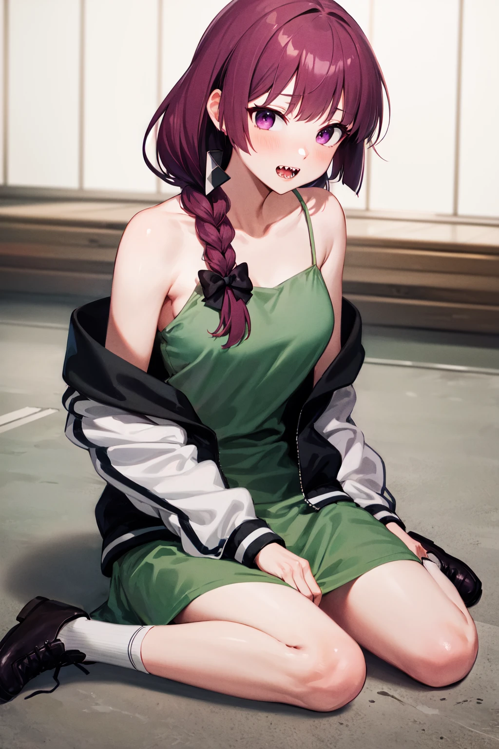 masterpiece, best quality, highres, aakikuri, long hair, single braid, hair bow, hair over shoulder, purple eyes, sharp teeth, medium breasts, green dress, letterman jacket, two-tone jacket, open jacket, off shoulder, long sleeves, <lora:hiroi_kikuri_v1:0.7>, wariza, sitting, on floor