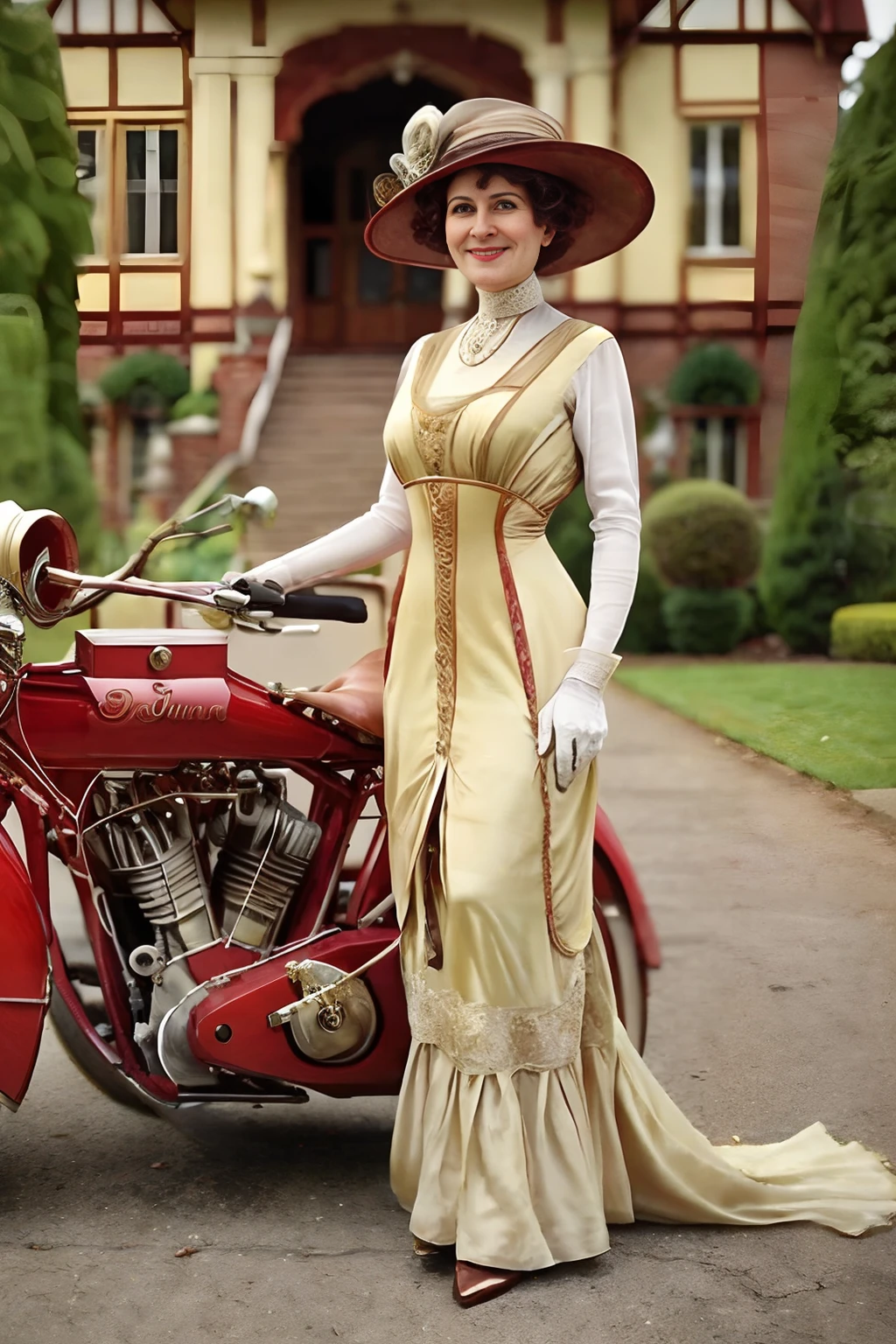 Photo of a woman wearing 1910_dr3ss, dress, hat, posing in front of a 1914indian motorcycle.
there is a tudor revival mansion in the background. <lora:1914_Indian_with_Sidecar:.8> <lora:1910_dress_v1:.8>