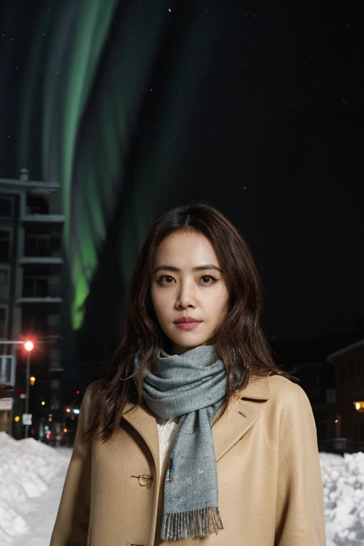 masterpiece, best quality, ultra-detailed, ultra high res, (photorealistic:1.4), raw photo, (realistic:0.2), CG, 8k HDR, cinematic lighting, 1girl, solo, looking at viewer, (a woman with a scarf on is walking down the street ), outdoor, (snow, snowflakes), night, aurora sky, upper body, lower body, asymmetrical hair, (detailed oily skin, medium breasts:0.8), (detailed face), (detailed background :1.1), closed mouth,