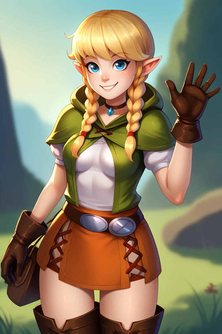 score_9, score_8_up, score_7_up, BREAK, <lora:shadmanPONYXL-guy-v101:1>, 1girl, solo, breasts, looking at viewer,  <lora:hyrulewarriors_linkle_ponyXL-000004:0.9> linkle, twin braids, green capelet, hood, leather gloves, skirt, thigh boots, choker, belt, outdoors, smile, waving,