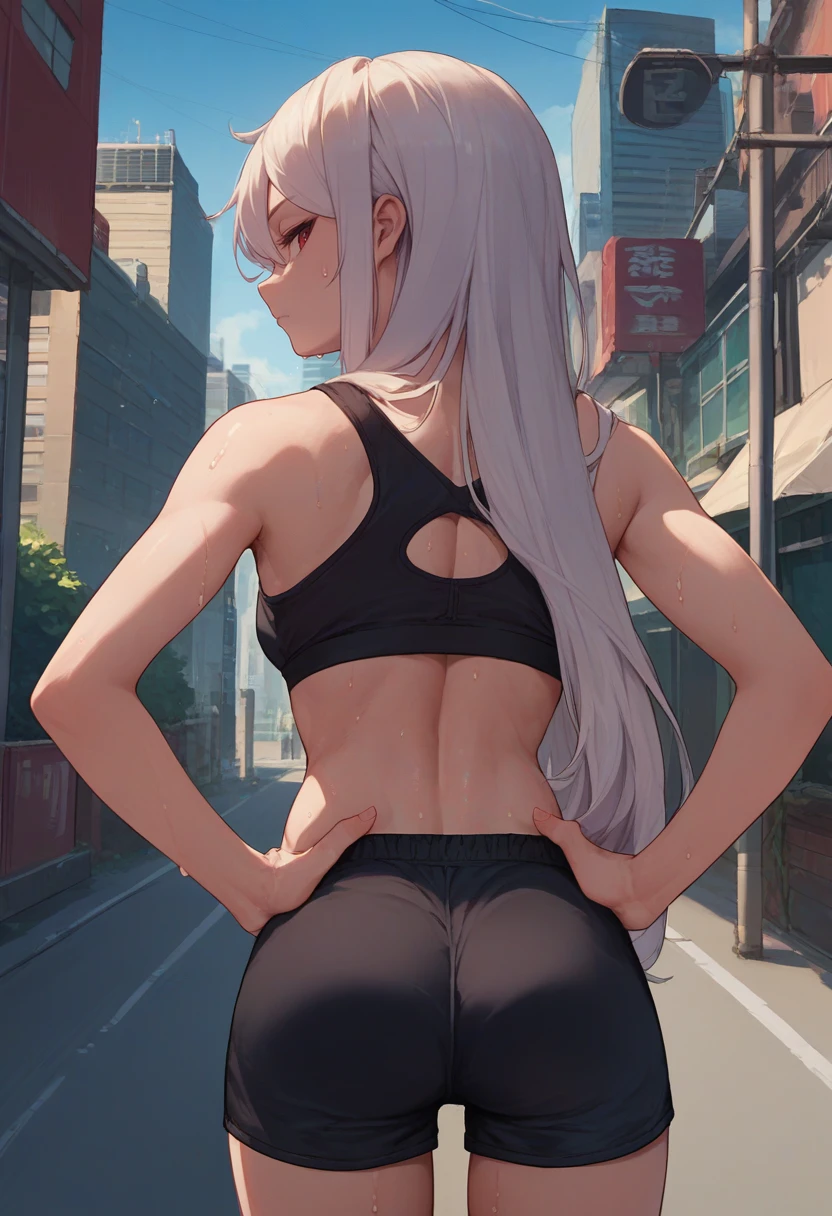 score_9, score_8_up, score_7_up, source_anime, from behind, solo, 1girl, skadirnd, sweat, expressionless, looking back, hands on hips, long hair, black sports bra, black shorts, outdoors, city street <lora:arknights_skadi_ponyXL:1>