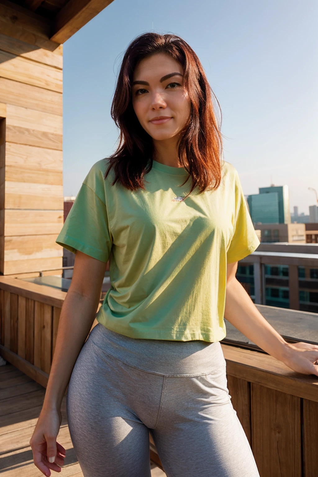 lbw,a woman wearing tshirt and yoga pants, rooftop, (soft diffused lighting:0.5) <lora:lbw:1>