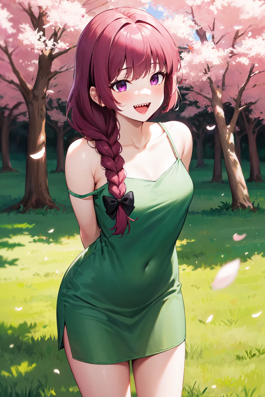 masterpiece, best quality, highres, aakikuri, long hair, single braid, hair bow, hair over shoulder, purple eyes, sharp teeth, medium breasts, green dress, sleeveless, <lora:hiroi_kikuri_v1:0.7>, strap slip, standing, cowboy shot, outdoors, smile, open mouth, leaning forward, arms behind back, cherry blossoms,