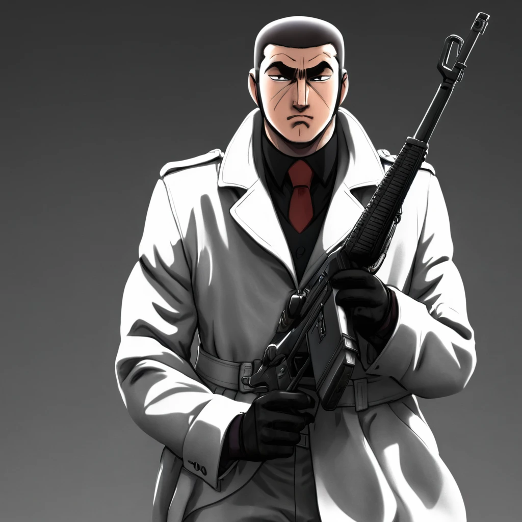 cinematic film still of  <lora:Golgo 13:1>
golgo 13,duke togo,a man in a trench coat and tie holding a gun,solo,looking at viewer,short hair,simple background,shirt,long sleeves,1boy,white background,holding,standing,monochrome,full body,weapon,male focus,necktie,collared shirt,pants,holding weapon,gun,facial hair,holding gun,rifle,sideburns,very short hair,submachine gun,buzz cut ,  Japanese, manga, anime, animation, professional assassin, customized, scoped M16 rifle, shallow depth of field, vignette, highly detailed, high budget, bokeh, cinemascope, moody, epic, gorgeous, film grain, grainy