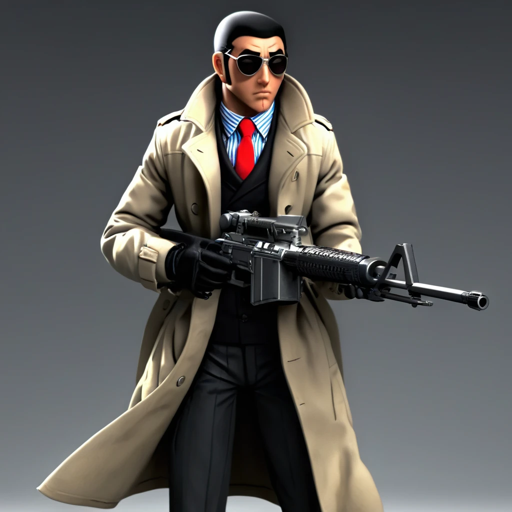 professional 3d model of  <lora:Golgo 13:1>
golgo 13,duke togo,a man in a trench coat holding a rifle gun,solo,black hair,gloves,1boy,weapon,male focus,necktie,coat,gun,sunglasses,rifle,sniper rifle,trench coat,scope ,  Japanese, manga, anime, animation, professional assassin, customized, scoped M16 rifle, octane render, highly detailed, volumetric, dramatic lighting