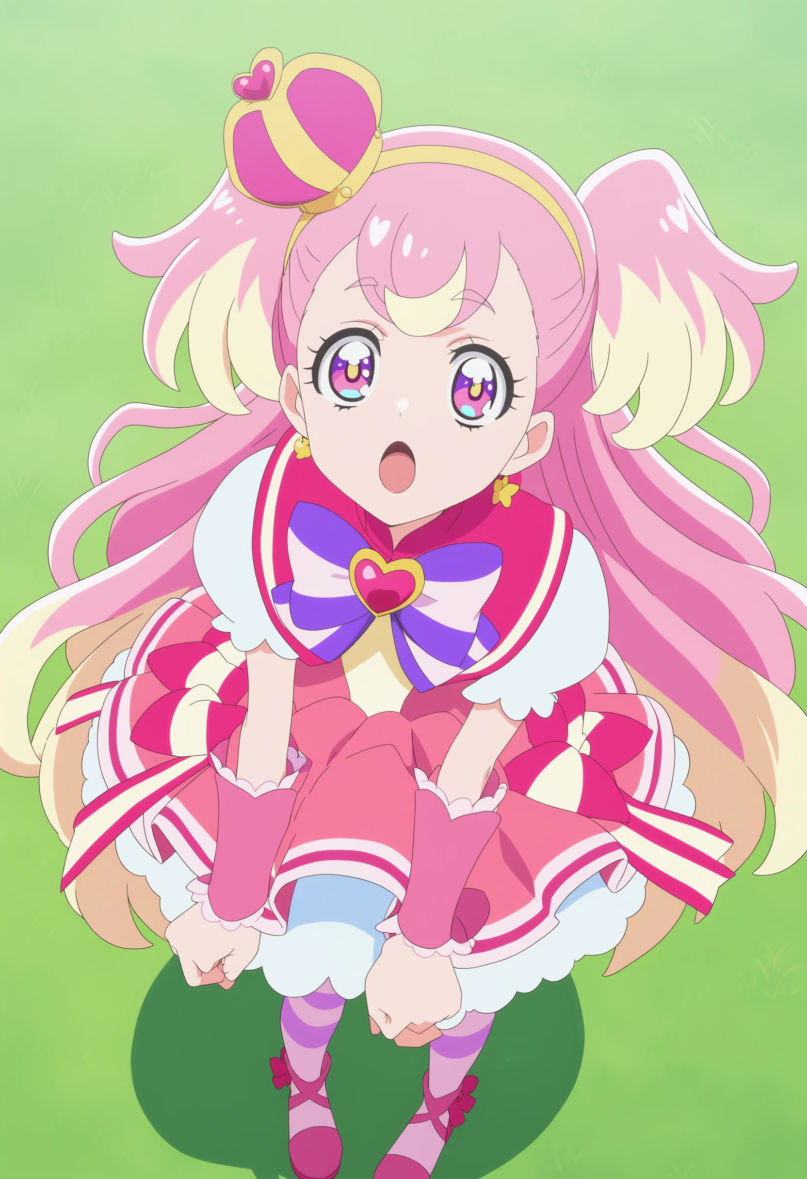 <lora:locon_cure_wonderful_02:0.8>,(cure wonderful),pink hair,two side up,(petticoat:1.1),(striped thighhighs),red dress,(crown),hairband,puffy short sleeves,wrist cuffs,earrings,ribbon,multicolored hair,multicolored eyes,very long hair,high heels,multicolored dress,open mouth,:3,
1girl,solo,((portrait)),looking up,(close-up:1.2),from above,
greenary,blue_sky,grass,park,
(eyes in highlight),(beautiful detailed eyes),smile,blush,looking at viewer,(half-closed eyes:1.2),
medium breasts,skindentation,upper teeth,round teeth,
squatting,paw pose,spread legs,
straight-on,uncensored,(anime screencap),masterpiece,best quality,incredibly absurdres,highres,