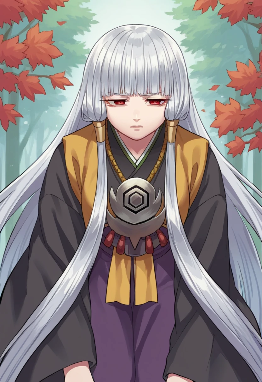 score_9, score_8_up, score_7_up, source_anime BREAK 1girl, Uematsu Rikako, silver hair, long hair, two front braids, red eyes, pendant, two yellow ribbons, black kimono, purple skirt, long skirt <lora:RikakoPonyXLNoscale:1>