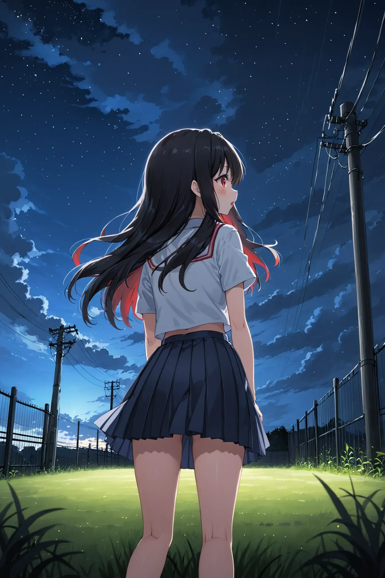 anime, 1girl, solo, outdoors, black hair, blue sky, cloud, dark clouds, fence, from behind, grass, long hair, looking at viewer, looking back, night, night sky, open mouth, pleated skirt, power lines, red eyes, skirt, sky, star \(sky\), starry sky