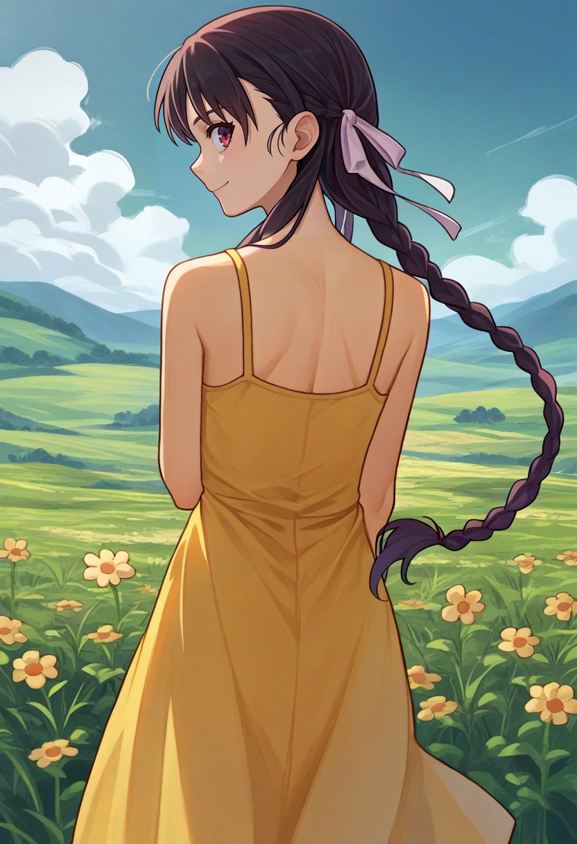 score_9, score_8_up, score_7_up, source_anime, from behind, solo, 1girl, horikita suzune, slight smile, looking back, braid, hair ribbon, yellow sundress, flower field <lora:classroomelite_horikita_ponyXL:1>