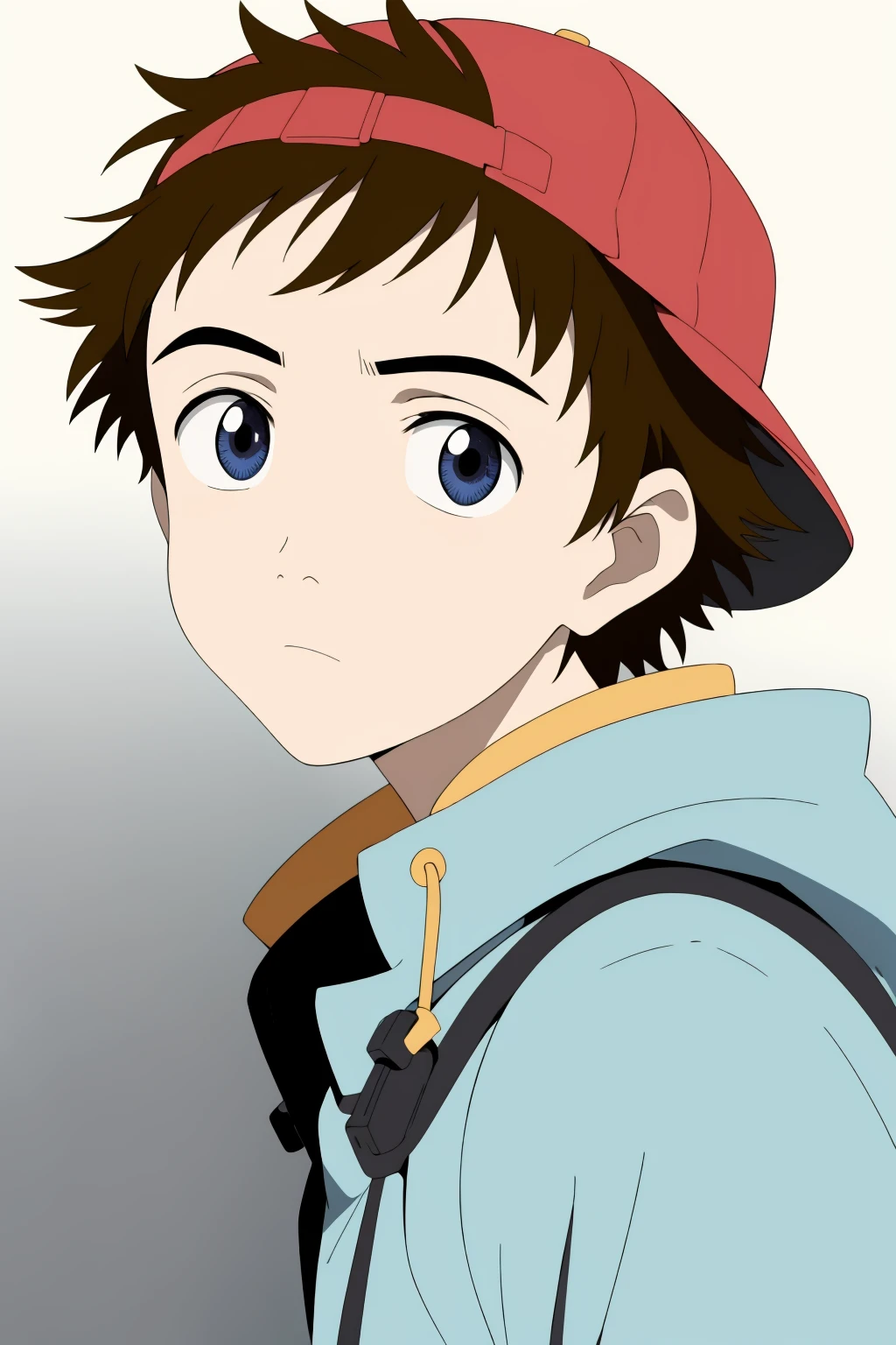 ((best quality)),((highly detailed)),masterpiece,absurdres,detailed face,beautiful face,(detailed eyes, deep eyes),1girl,((dynamic pose)) ,   <lora:NaotaV1:0.8>naota, brown hair, solo, hat, baseball cap, backwards hat, blue eyes, jacket, simple background, upper body, looking at viewer, red headwear, gradient background, gradient, coat, short hair, spiked hair