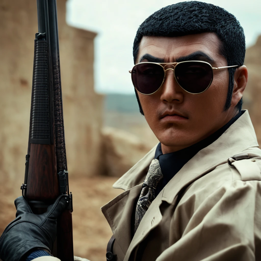 cinematic film still of  <lora:Golgo 13:1>
golgo 13,duke togo,a man in a trench coat holding a rifle gun,solo,black hair,gloves,1boy,weapon,male focus,necktie,coat,gun,sunglasses,rifle,sniper rifle,trench coat,scope ,  Japanese, manga, realistic, realism, professional assassin, customized, scoped M16 rifle, shallow depth of field, vignette, highly detailed, high budget, bokeh, cinemascope, moody, epic, gorgeous, film grain, grainy