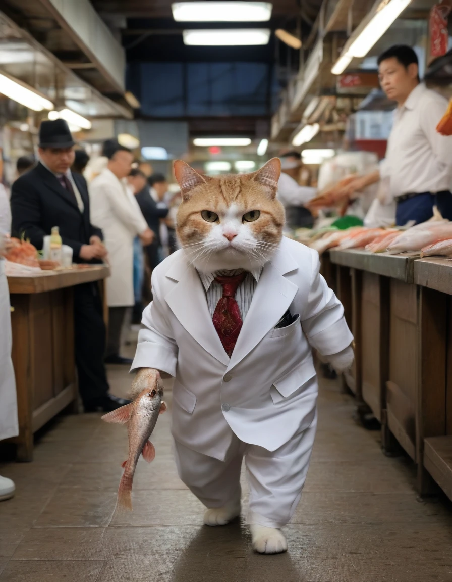 8k resolution, best quality, beautiful photograph, dynamic lighting, A hyper-detailed photograph of a Cat dressed as a mafia boss holding a fish walking down a Japanese fish market with an angry face,