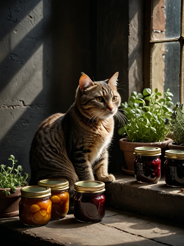 character photo portrait, Diagonals, Dynamic Lines, Energetic Composition, simple background, chiaroscuro, photo focus on A sunlit window sill, lined with potted herbs and jars of homemade preserves, with a plump tabby cat curled up in the patch of sunlight., (dark dimly lit scene:1.2), color photo, film, professional, 4k, (highly detailed:1.02) , , character portrait, Foreshortening, Distorted Perspective, Dynamic <lora:Chiaroscuro-v1:0.85>