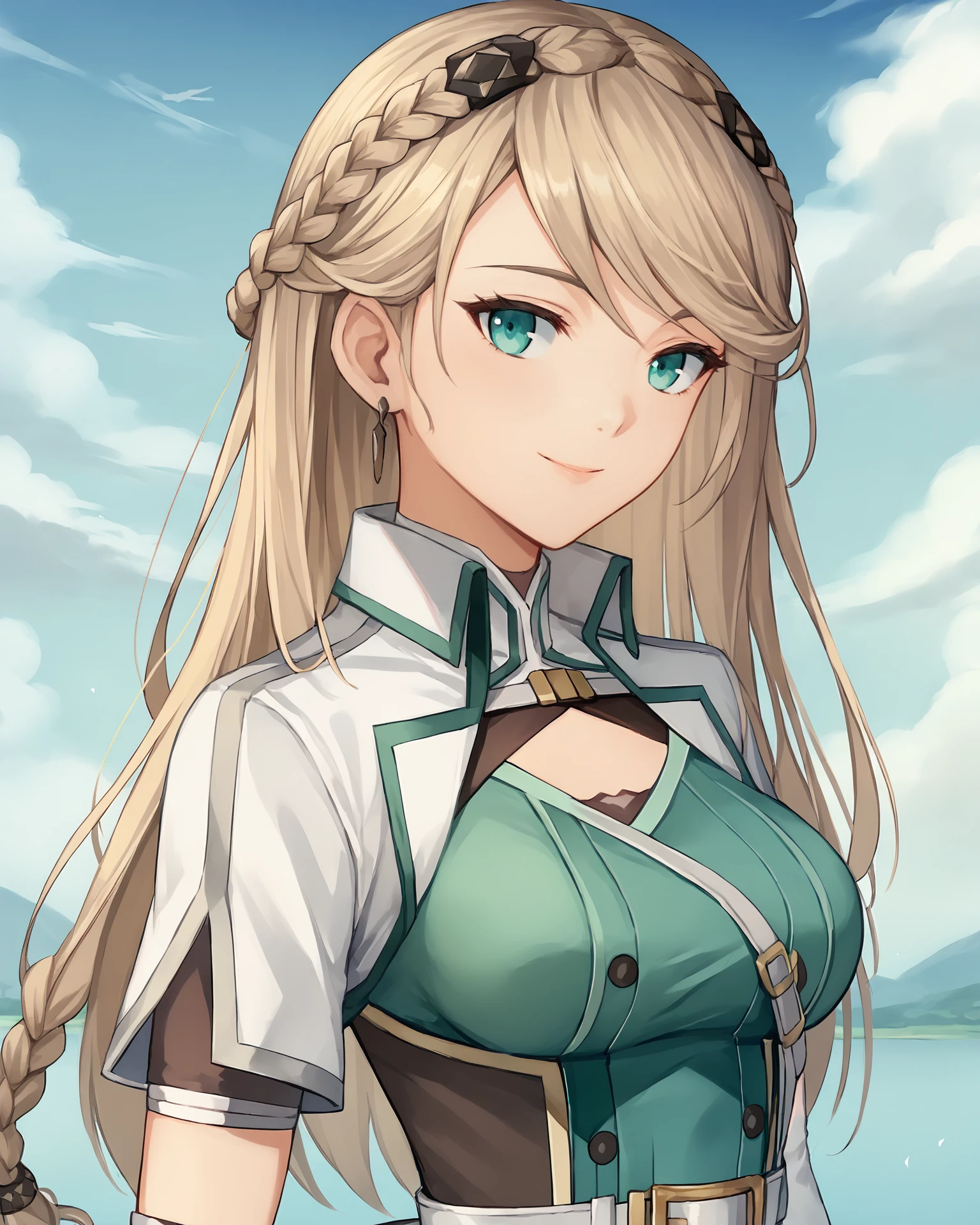 score_9, score_8_up, score_7_up, score_6_up, score_5_up, score_4_up, BREAK,
source_anime,
<lora:TrailsThroughDaybreak-Playable:0.9> Elaine Auclair, aqua eyes, blonde hair, long hair, braid, hair ornament, medium breasts, earrings, green dress, short sleeves, white sleeves, gloves, belt, thighhighs, white thighhigh boots, white boots, high heels,
looking at viewer, smile, upper body, portrait,
1girl, outdoors, sky, clouds, distant mountains
<lora:camonome:0.8>,