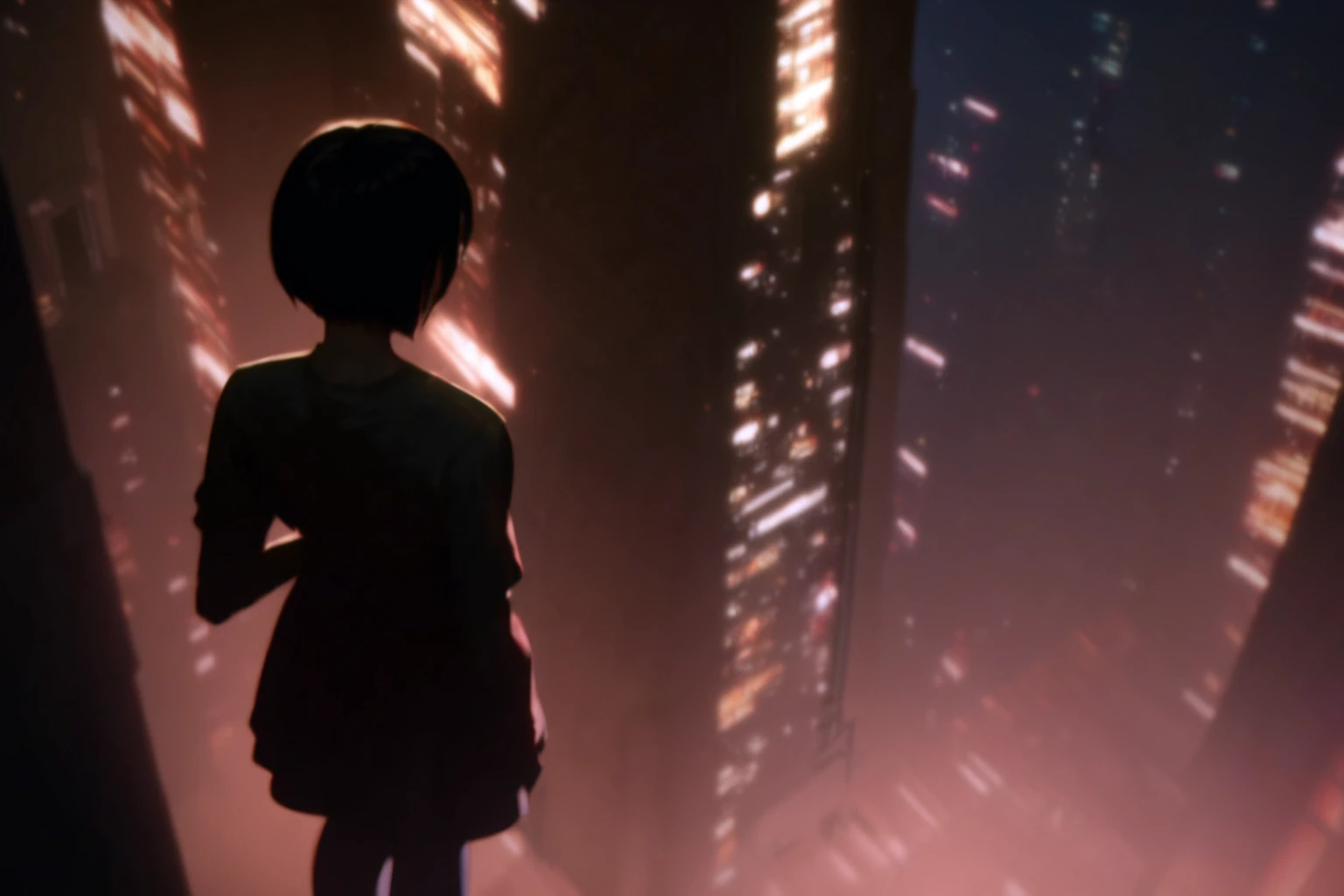 InnocenceStyle,1girl,solo,short hair,dress,standing,from behind,night,buildings,scenery,huge city,cityscape,dark,skyscrapers,city lights,score_9, score_8_up, score_7_up, score_6_up, score_5_up, <lora:add-detail-xl:1.2> <lora:InnocenceStyle:1>