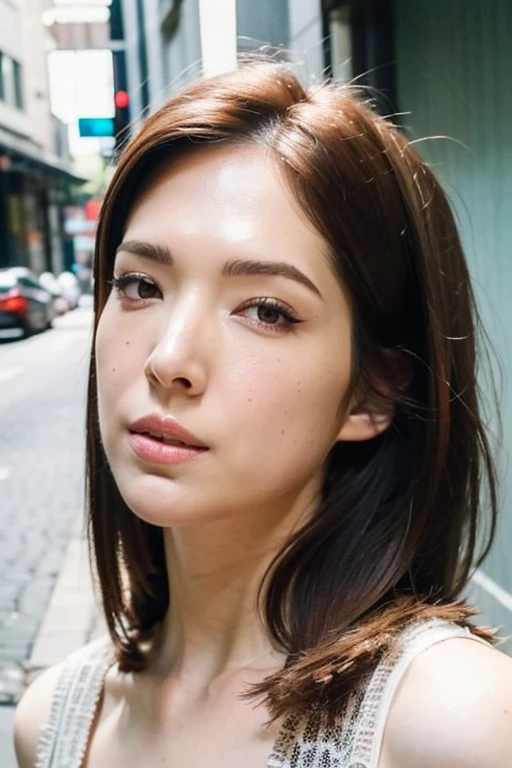 Best quality,masterpiece,ultra high res,(photorealistic:1.2),1girl,low key,taipei street alley,dynamic pose,face closeup,brown hair,looking_at_viewer,<lora:ann_hsu:0.9>,