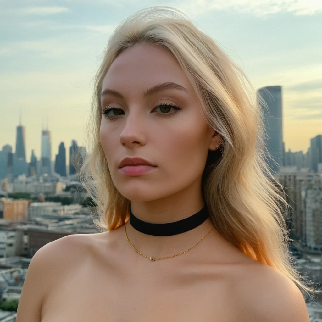 (Skin Texture, pores, natural,iPhone,RAW)), natural lighting, Highest Quality closeup Portrait photo of a woman with long blonde hair,black thin choker, Nikon Z9, realistic matte skin, blurry city in the background, 8K, symmetric, whole face, <lora:mihandley3_xl_3_standard_merger_43_99_08_02:1>