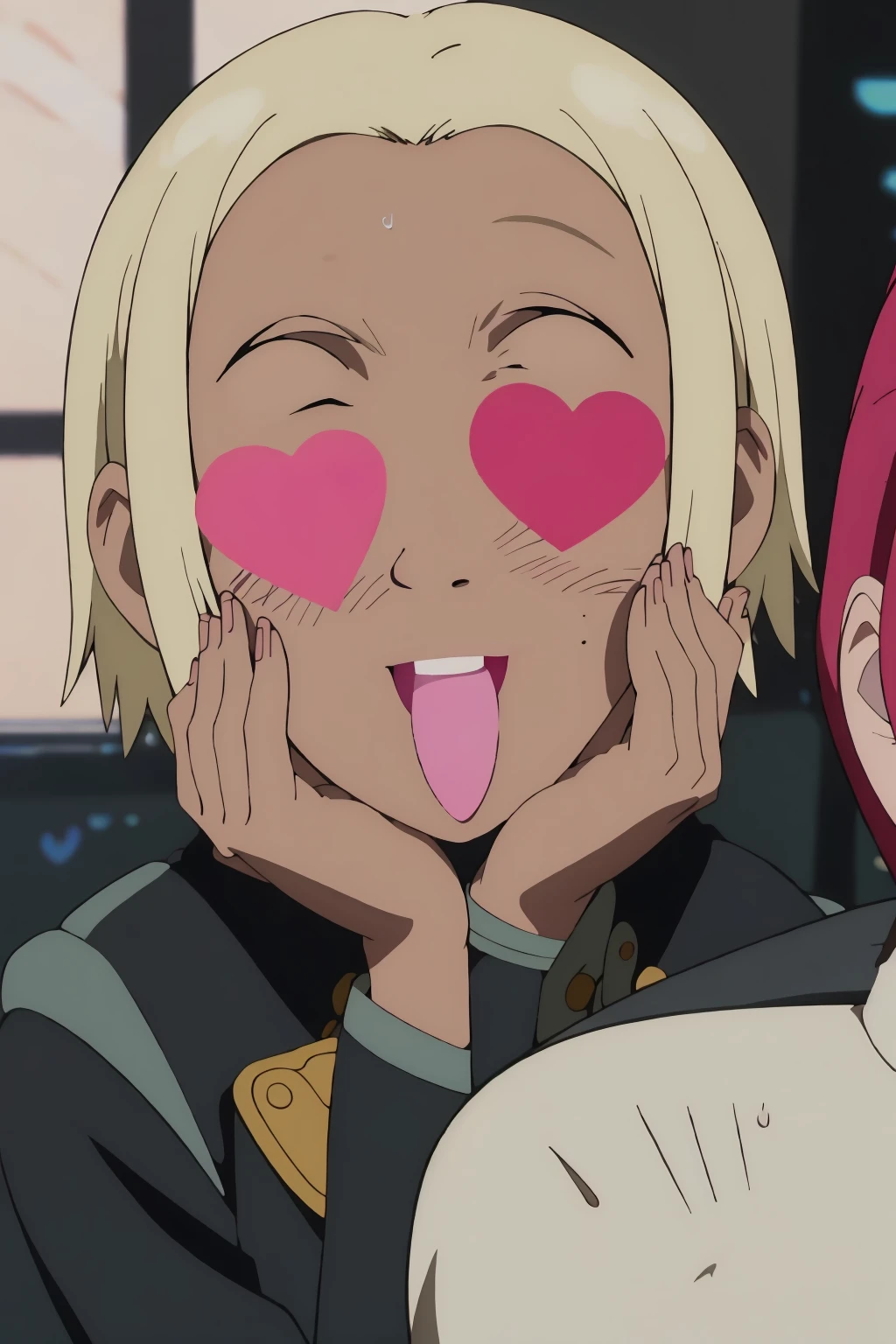((best quality)),((highly detailed)),masterpiece,absurdres,detailed face,beautiful face,(detailed eyes, deep eyes),1girl,((dynamic pose)) , <lora:KitsurubamiV1:0.8>, kitsurubami, blonde hair, heart, blush, dark skin, dark-skinned female, hands on own face, heart censor, hetero, short hair, open mouth, hands on own cheeks, censored, smile, :d, solo focus