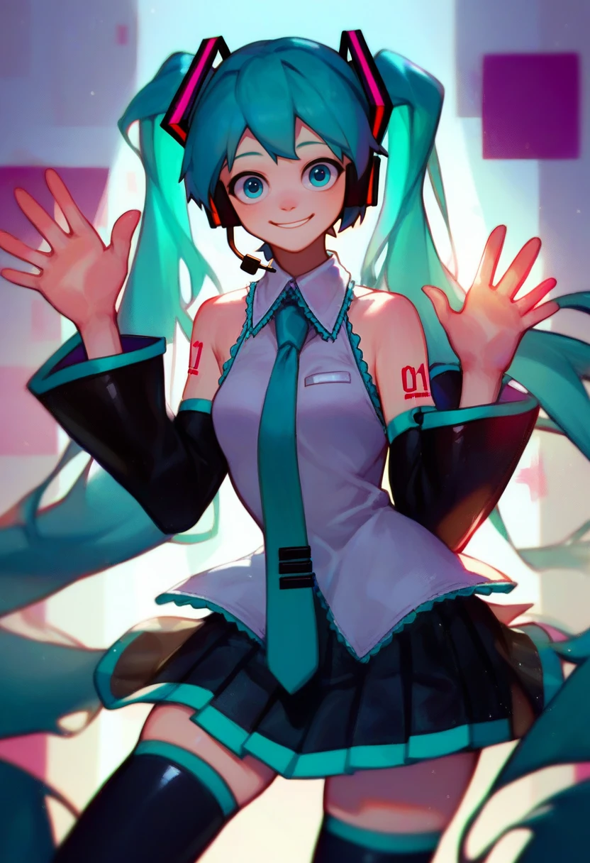 score_9, score_8_up, score_7_up, solo, 1girl, hatsune miku, smile, looking at viewer, waving, twintails, headset, sleeveless shirt, necktie, detached sleeves, skirt, thighhighs, spotlight <lora:style_notsorapoi_ponyXL-CAME-000017:1>