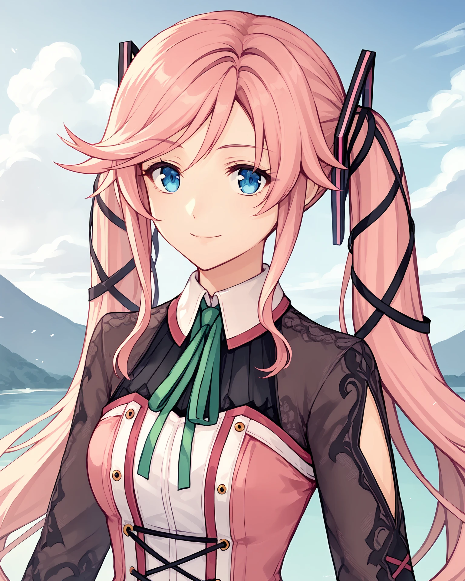 score_9, score_8_up, score_7_up, score_6_up, score_5_up, score_4_up, BREAK,
source_anime,
<lora:TrailsThroughDaybreak-Playable:0.9>, Nadia Rayne, blue eyes, pink hair, twintails, long hair, very long hair, pink dress, black lace sleeves, white belt, red miniskirt, black boots, black thighhigh boots, green ribbon, green neckwear,
looking at viewer, smile, upper body, portrait,
1girl, outdoors, sky, clouds, distant mountains