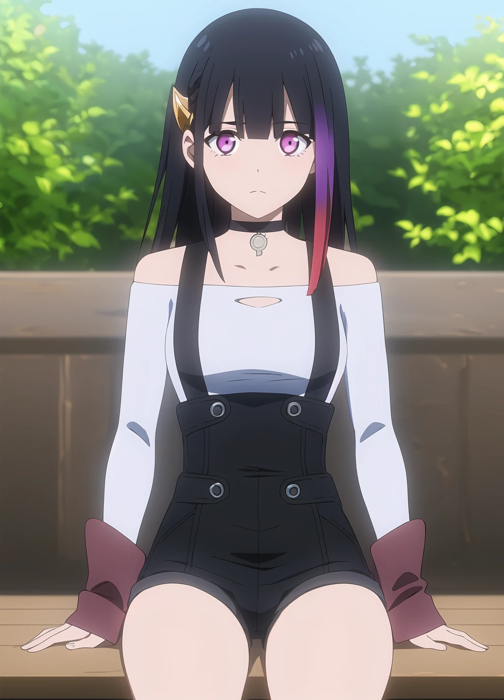 Rouge Redstar, 1girl, solo, black hair, purple eyes, long hair, choker, looking at viewer, hair ornament, streaked hair, shirt, bangs, long sleeves, overalls, off-shoulder shirt, arms at sides, shorts, black shorts, is sitting, long sleeves, <lora:Rouge Redstar anylora27r29r66r-000006:0.7>, masterpiece, best quality, highres,