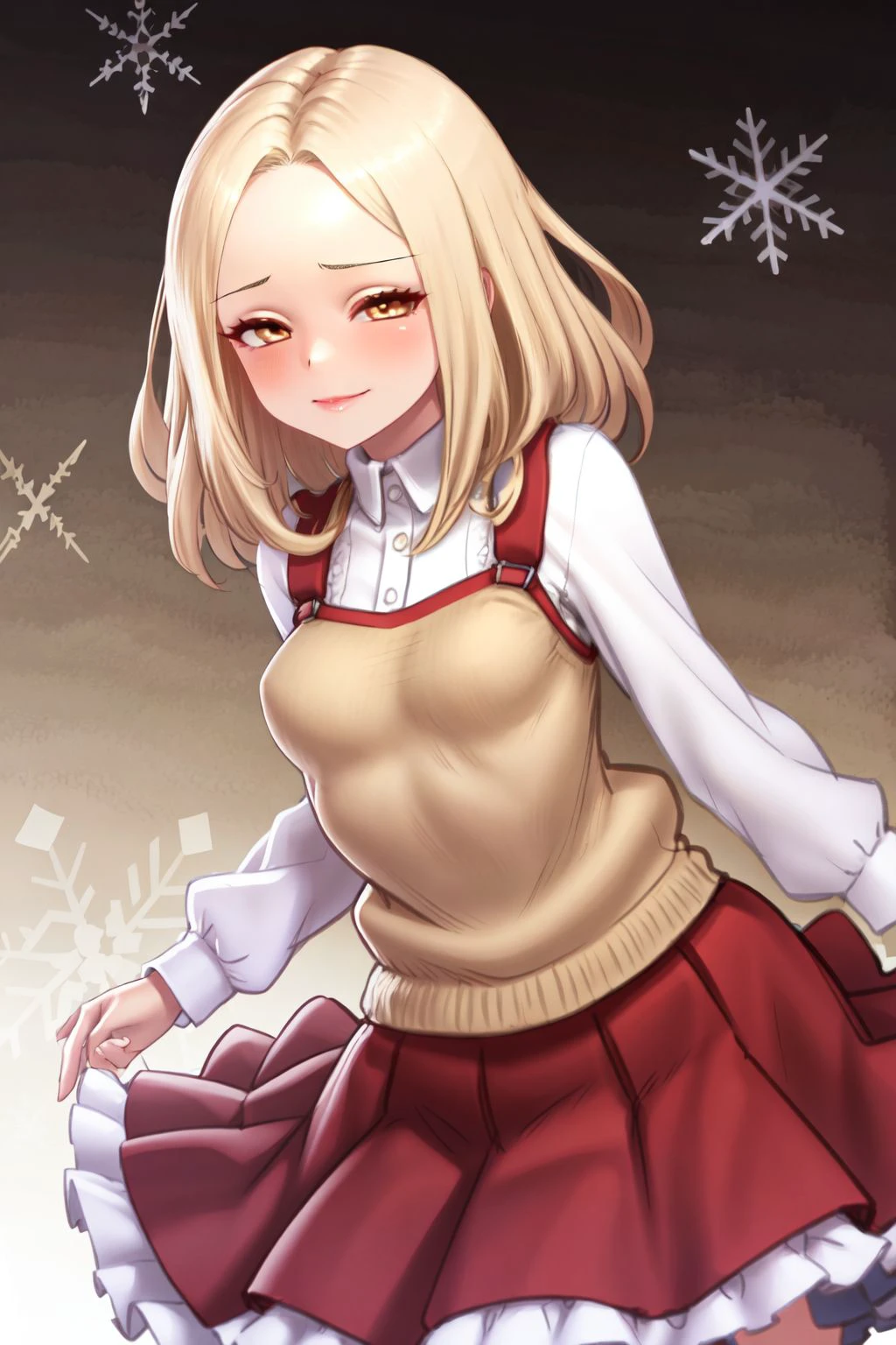 solo, 1girl, looking at viewer, squinting eyes smile, beige hair, parted bangs, breasts, beige frilled shirt, snowflake background, cowboy shot, <lora:Yapo_(croquis_side)_style_v01.99.10:1>