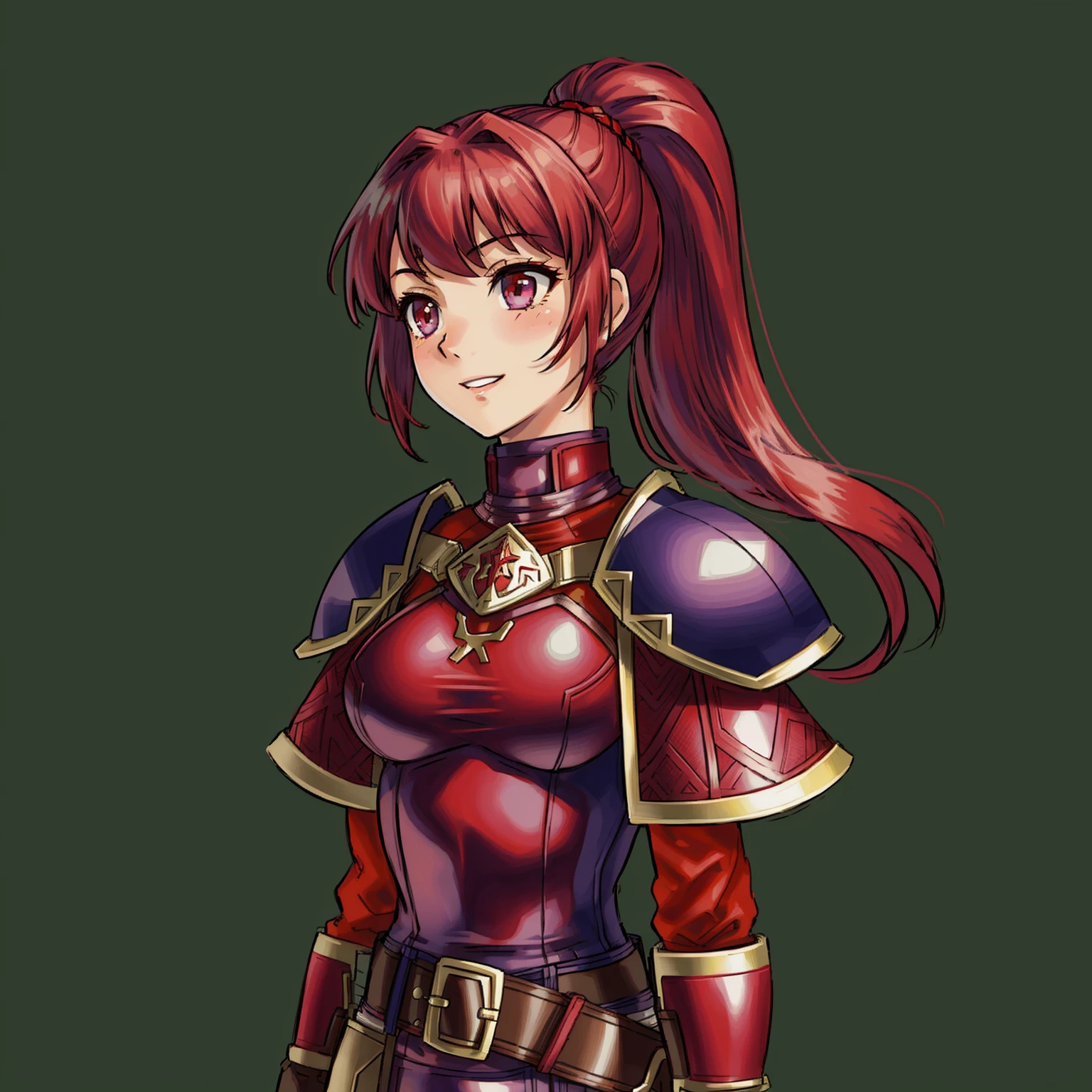 FireEmblem, (Simple background, green background:1.3), 1girl, solo, armor, ponytail, red hair, long hair, belt, breastplate, gloves, pauldrons, smile, shoulder armor, purple eyes, red armor, red eyes, very long hair, shoulder pads, high ponytail, upper body, buckle, pink hair, brown gloves, bangs, knight, closed mouth, standing, turtleneck, bodysuit, looking at viewer, fantasy, armored dress, hair ornament, parted bangs, faulds, light smile, full armor, gauntlets, belt buckle, looking away, sidelocks, arms at sides, brown belt, elbow pads, vambraces, jewelry, hair tie, boobplate, cowboy shot, long sleeves, breasts, looking to the side, strap, leather, parted lips, expressionless, blush