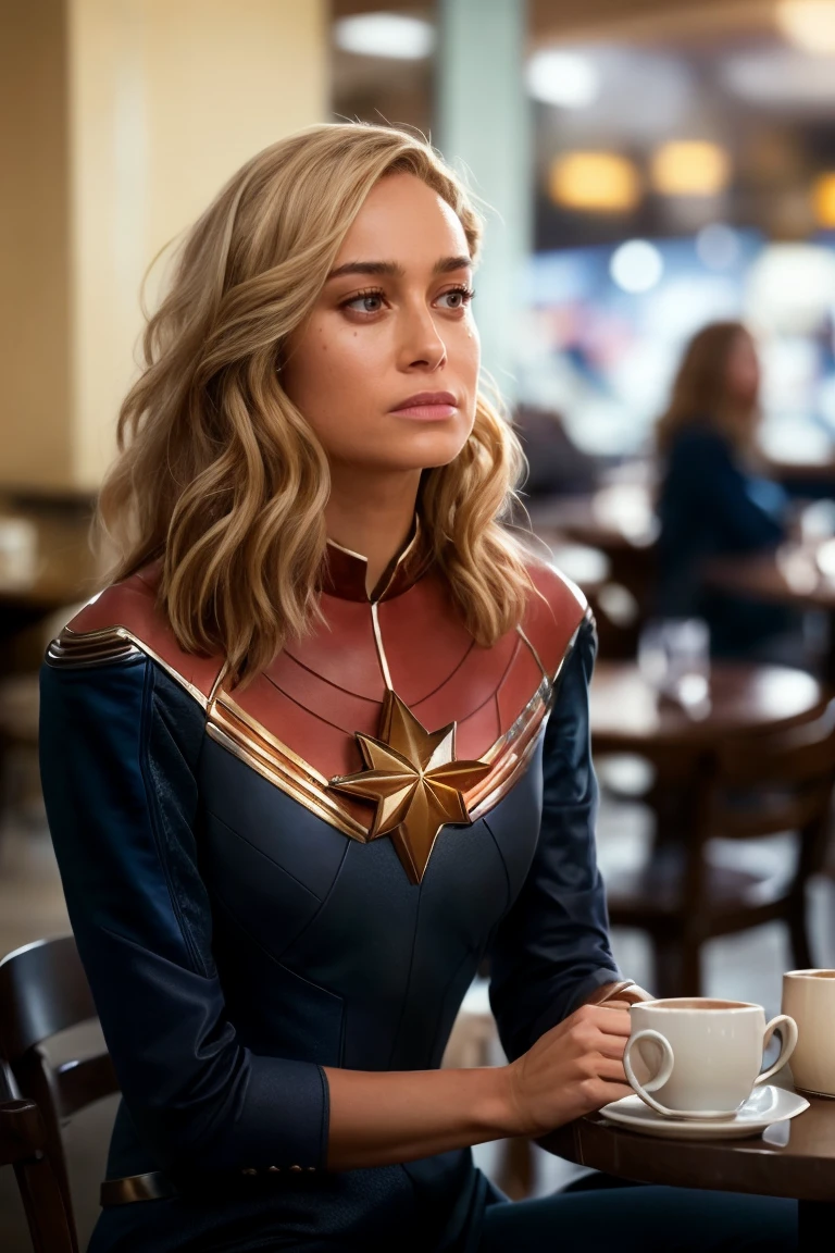 1girl, solo, candid shot, sitting in a cafe, (looking at viewer:1.2), focus on face, blurry_background, bokeh, chromatic_aberration, depth_of_field, female focus, photorealistic, soft colors, masterpiece, high quality, (high detailed skin:1.1)
 <lora:captain_marvel_tm_lora_v01:1> marv3l, su1t